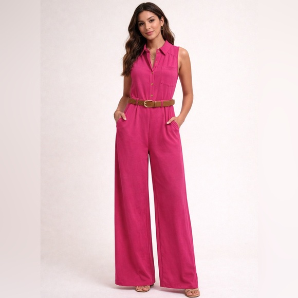 j.our Pants - NWT Fuchsia Sleeveless Belted Jumpsuit Wide Leg Minimalist
